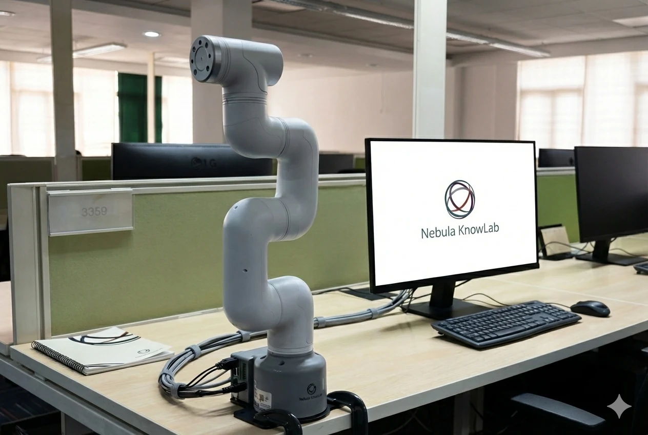 A robotic arm beside a Nebula KnowLab workstation in the lab